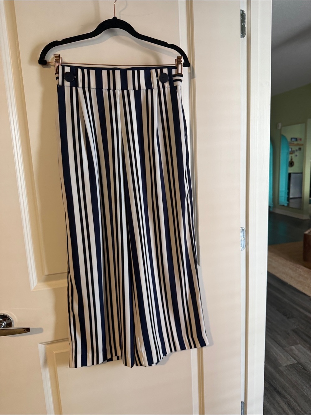 Zara Navy and White Vertical-Stripe Midi Pants